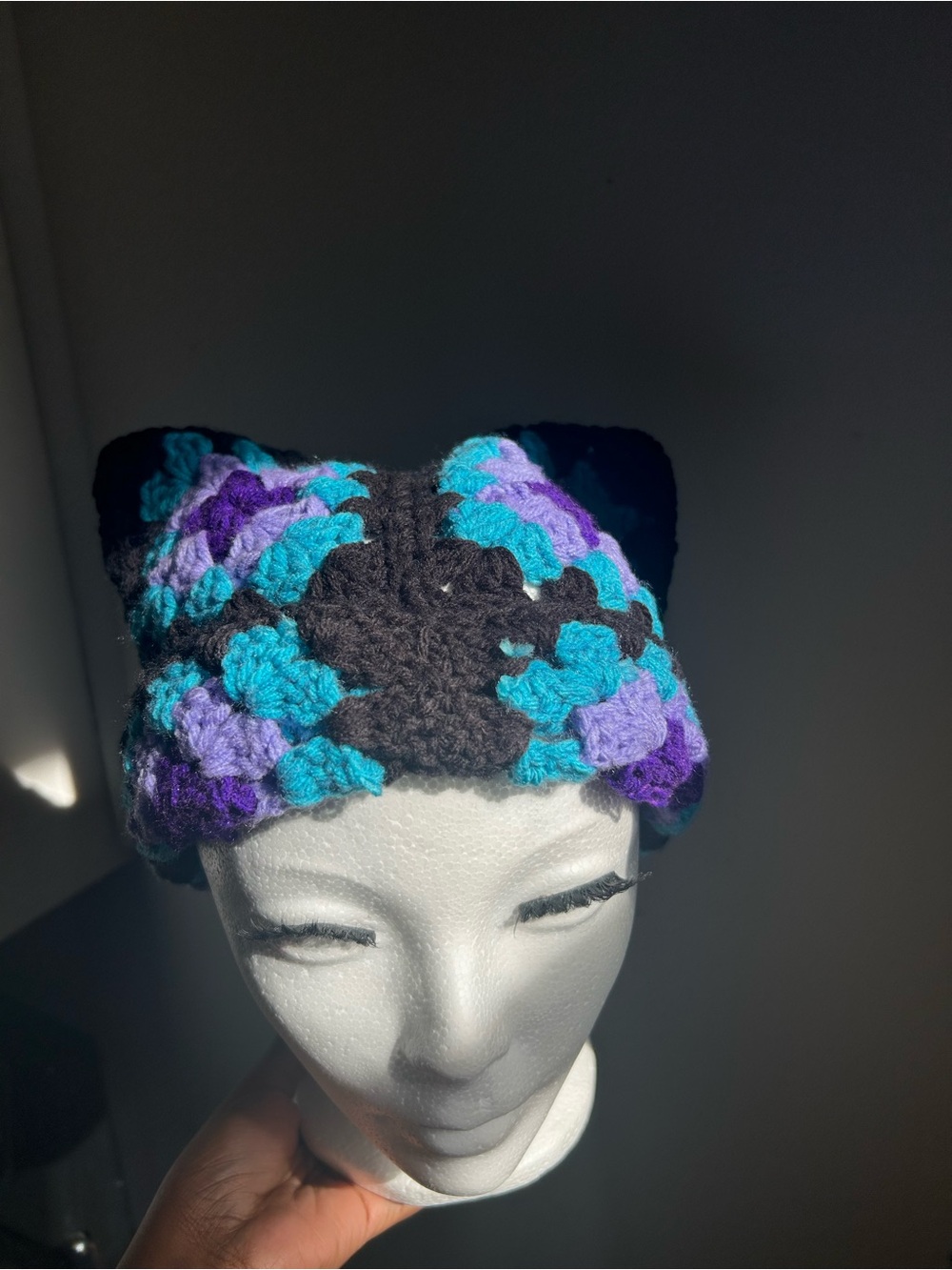 Handmade Crocheted Headband with Teal, Purple, and Black Pattern